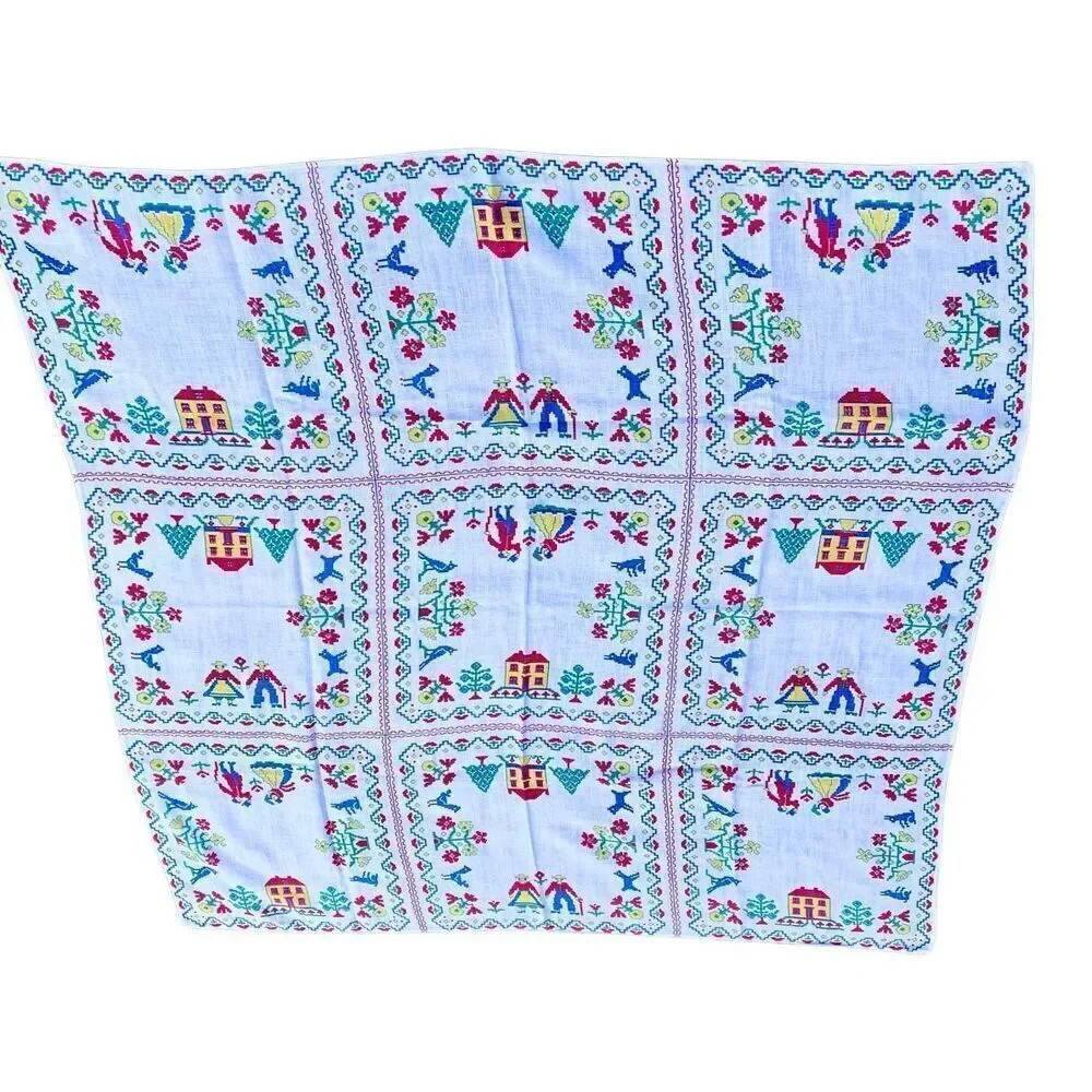 Vintage Tablecloth Dutch Folk Art in Red Yellow & Blue No Rips or Stains